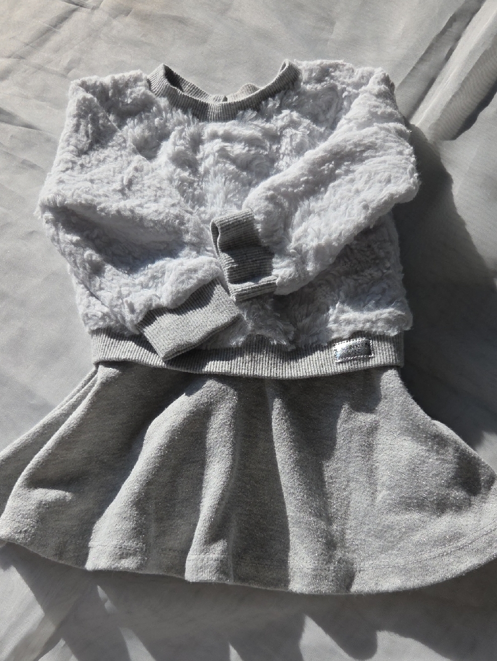 Calvin Klein Faux-Fur Sweater Top and Skirt‎ Attached  in Light Gray